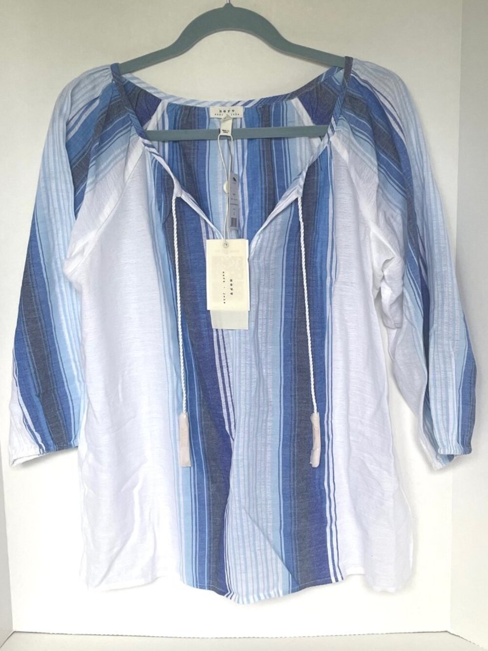Joie Blue Striped Cotton Peasant Blouse Womens Small V Neck 3/4 Sleeve Tunic